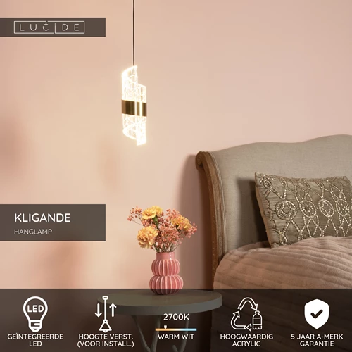 Lucide KLIGANDE - Hanglamp - Ø 13 cm - LED - 1x9W 2700K - Mat Goud / Messing - USP